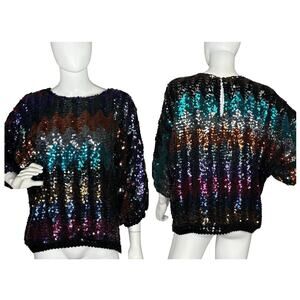 Women's Size M Disco 1980s Joy Stevens Rainbow Sequin Dolman Sleeve Top